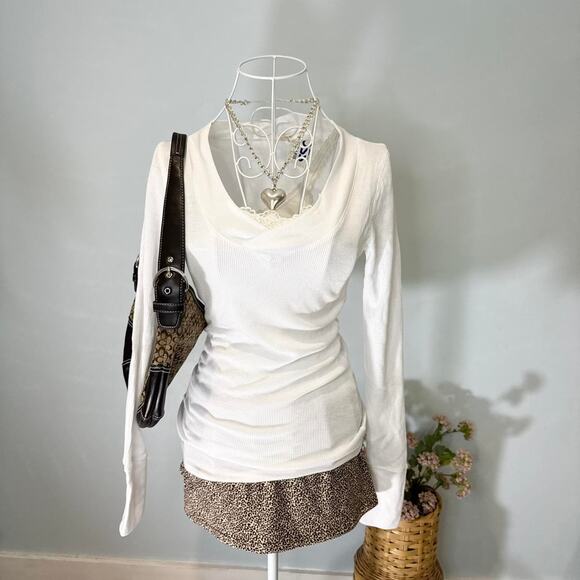 NWT Cute vintage y2k white tight long sleeve Henley grunge v neck top - Picture 2 of 8